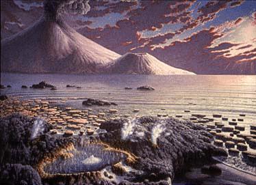 Arkaik Dünyadan bir görünüm: meteor yağmurları, volkanik etkinlikler ve Dünyaya çevresinde çok yakın bir yörüngede devindiği için tüm okyanuslarda kuvvetli gel git akımları oluşturan Ay...