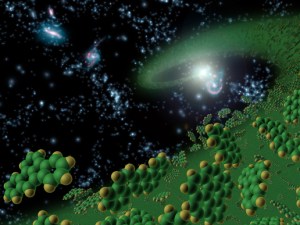 This artist's conception symbolically represents complex organic molecules, known as polycyclic aromatic hydrocarbons, seen in the early universe. These large molecules, comprised of carbon and hydrogen, are among the building blocks of life. NASA's Spitzer Space Telescope is the first telescope to see polycyclic aromatic hydrocarbons so early--10 billion years further back in time than seen previously. Spitzer detected these molecules in galaxies when our universe was one-fourth of its current age of about 14 billion years. These complex molecules are very common on Earth and form carbon-based materials are not burned completely. They can be found in sooty exhaust from cars and airplanes, and in charcoal broiled hamburgers and burnt toast. Polycyclic aromatic hydrocarbons are pervasive in galaxies like our own Milky Way, and play a significant role in star and planet formation.   Image Credit: NASA/JPL-Caltech/T. Pyle (SSC)